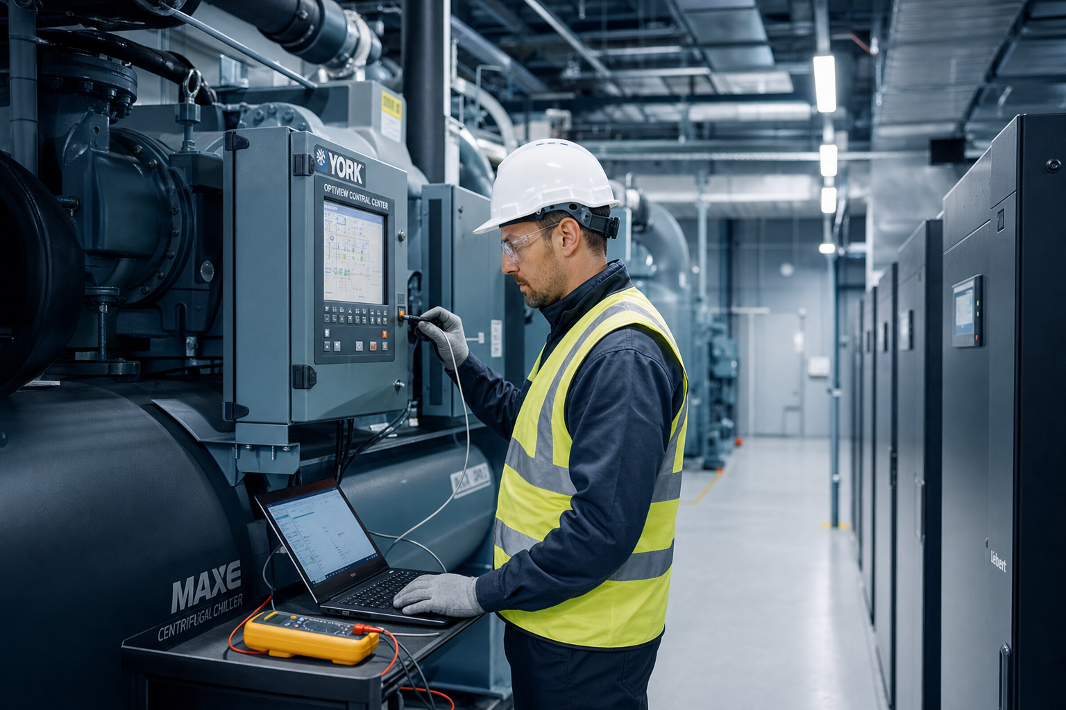Engineer commissioning industrial chiller unit