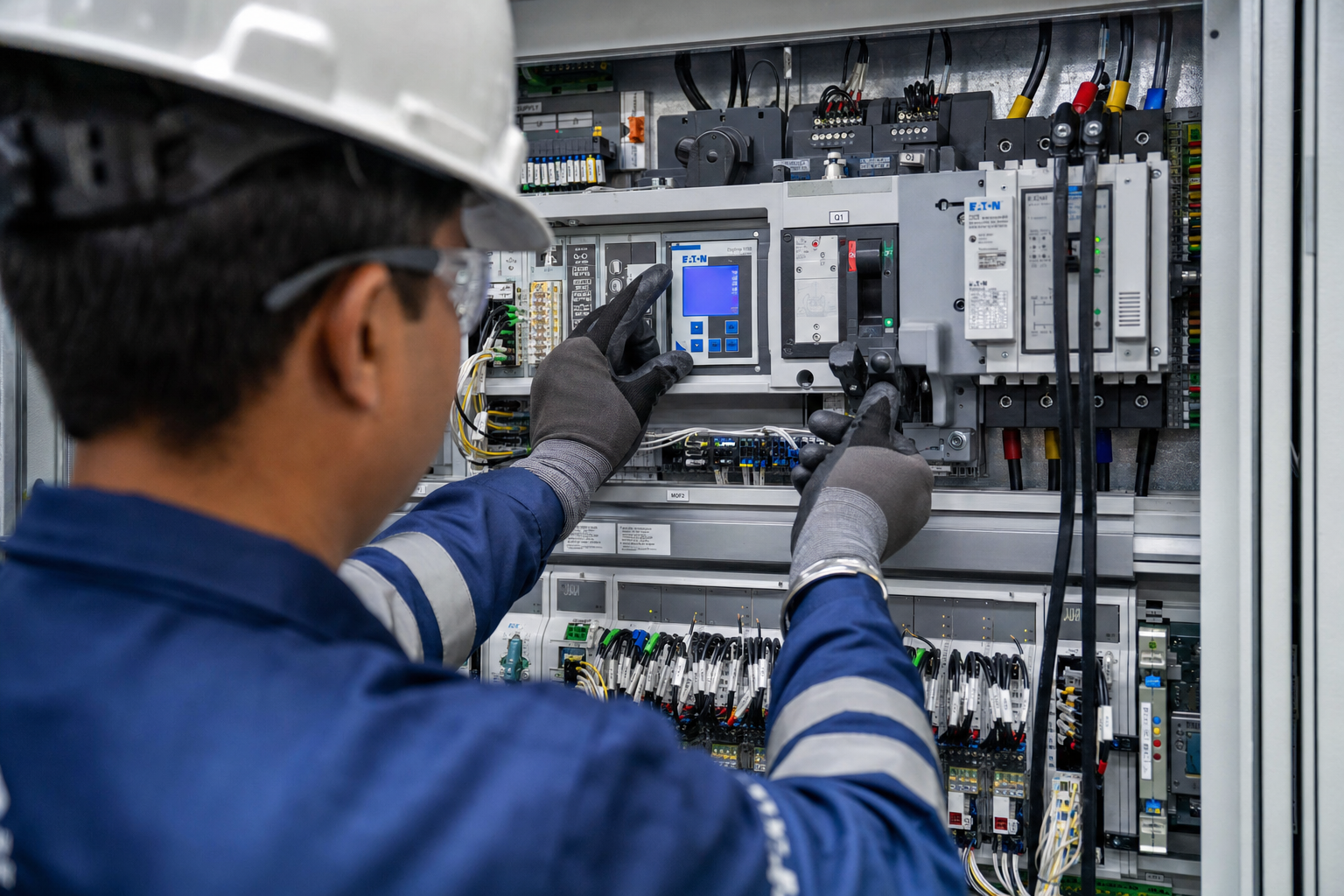Engineer commissioning electrical switchgear panel