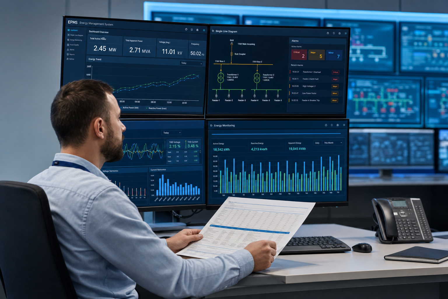 Engineer reviewing EPMS power monitoring dashboards
