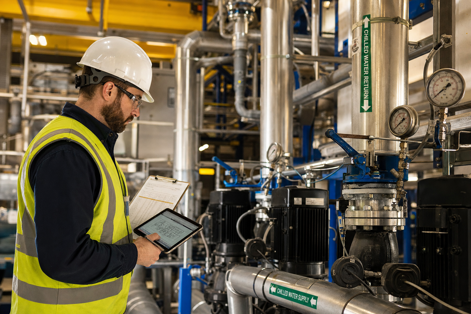 Engineer inspecting mechanical pipework and pumps
