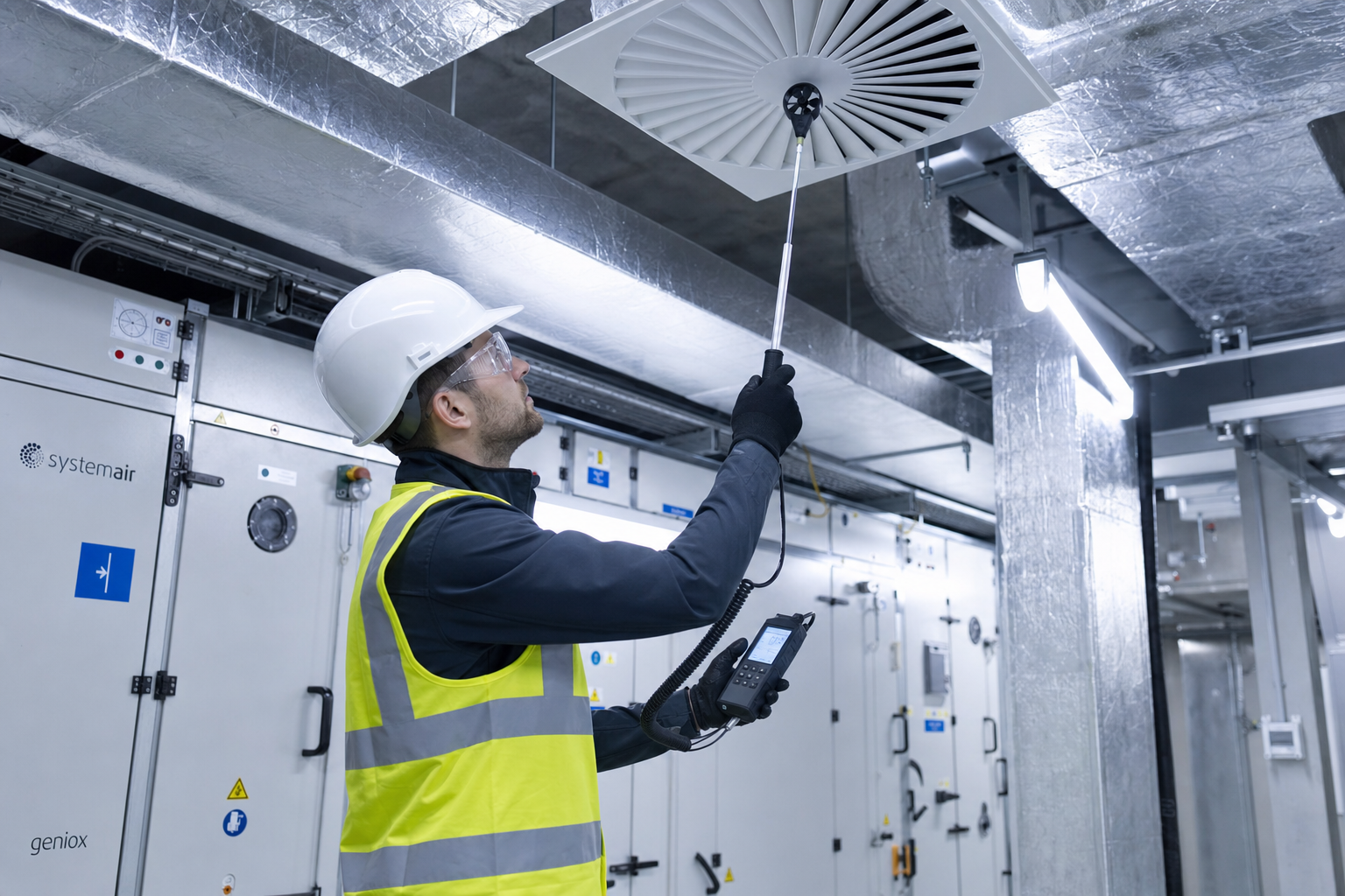Engineer measuring airflow at supply grille with anemometer
