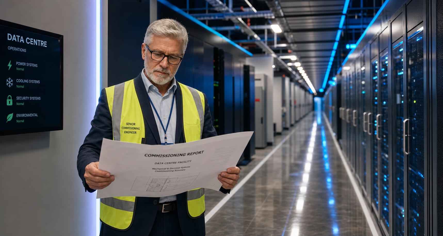 Senior commissioning engineer reviewing report inside a data centre